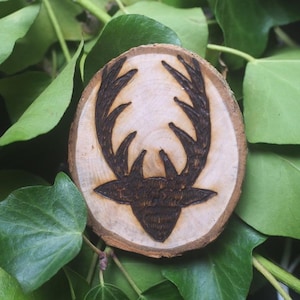 May include: A round wooden coaster with a deer antler design burned into the wood. The coaster is light brown with a dark brown deer head and antlers. The coaster is surrounded by green leaves.