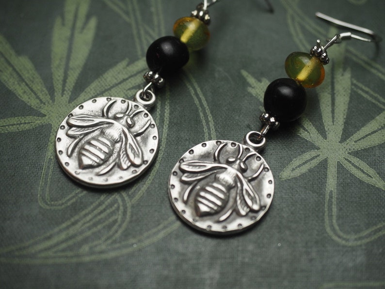 Baltic Amber and Jet Bee Earrings Melissa Honey Magic Pagan, Wicca, Witchcraft with sterling silver earwires image 2