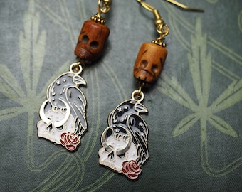 Raven, Rose and Skull Earrings - The Morrigan - Pagan, Wicca, Witchcraft - with sterling silver earwires