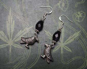 Raven and Antique French Jet Earrings - The Morrigan - Pagan, Wicca, Witchcraft - with sterling silver earwires