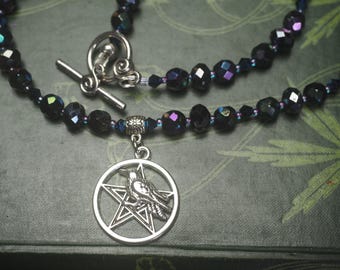 Raven Pentagram Witches Necklace with Vintage Aurora beads  - The Morrigan - Pagan Witchcraft, Wicca