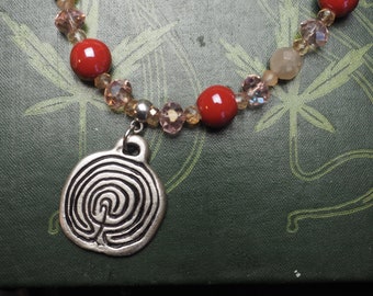 Moonstone Rose Quartz Labyrinth Necklace - Meditation - Pagan, Wicca, 7-walled Labyrinth, Tintagel