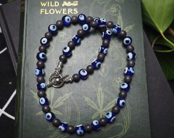 Evil Eye Protection Necklace -with Hematite - For Ritual, Magic, Pagan, Wicca, Witchcraft, up-cycled beads