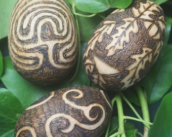 Pyrographed Wooden Egg RATTLE - Wood -Energy, Life Force - Pagan, Wicca, Witchcraft, Ostara