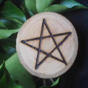 May include: A wooden circle with a pentagram burned into the surface. The circle is surrounded by green leaves.
