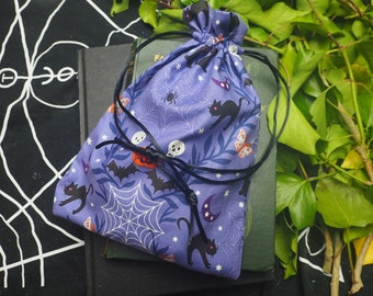 Magical Cat & Cobweb Lined Cotton Bag - Perfect for a Tarot Card Deck - Pagan, Wicca, Witchcraft