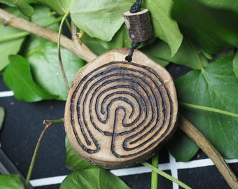 English Oak Wood Labyrinth Pendant - Meditation, Fey, Protection - Pagan, Wicca, Witchcraft, Tintagel