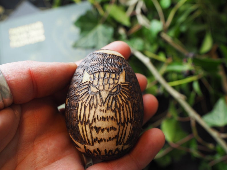Wise Old Owl Wooden Egg Oestra Spring Equinox Pagan, Wicca, Witchcraft, Easter, Pyrography image 6