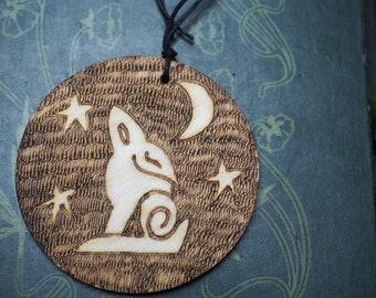 Moon Gazing Hare ornament - birch wood, Goddess, Transformation -  Wicca, Witchcraft, Pagan, pyrography