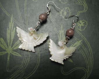 Mother of Pearl Dove & Black Heart Earrings - Peace, Innocence, Divinity - Pagan, Wicca, Witchcraft