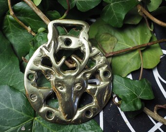 Vintage or Antique Stag Horse Brass in crescent moon - Horned God - Folk Magic, British, Pagan, Wisdom