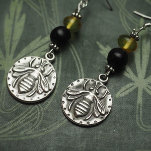 Baltic Amber and Jet Bee Earrings Melissa Honey Magic Pagan, Wicca, Witchcraft with sterling silver earwires image 1