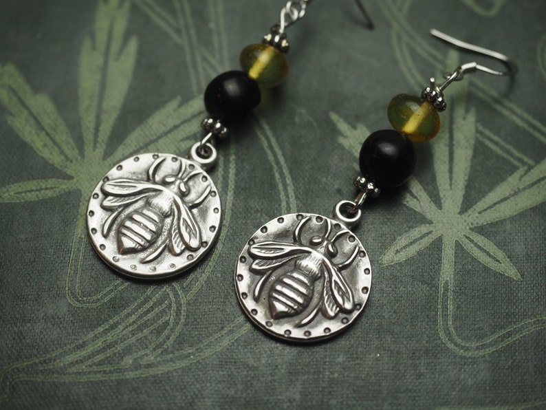 Baltic Amber and Jet Bee Earrings Melissa Honey Magic Pagan, Wicca, Witchcraft with sterling silver earwires image 1