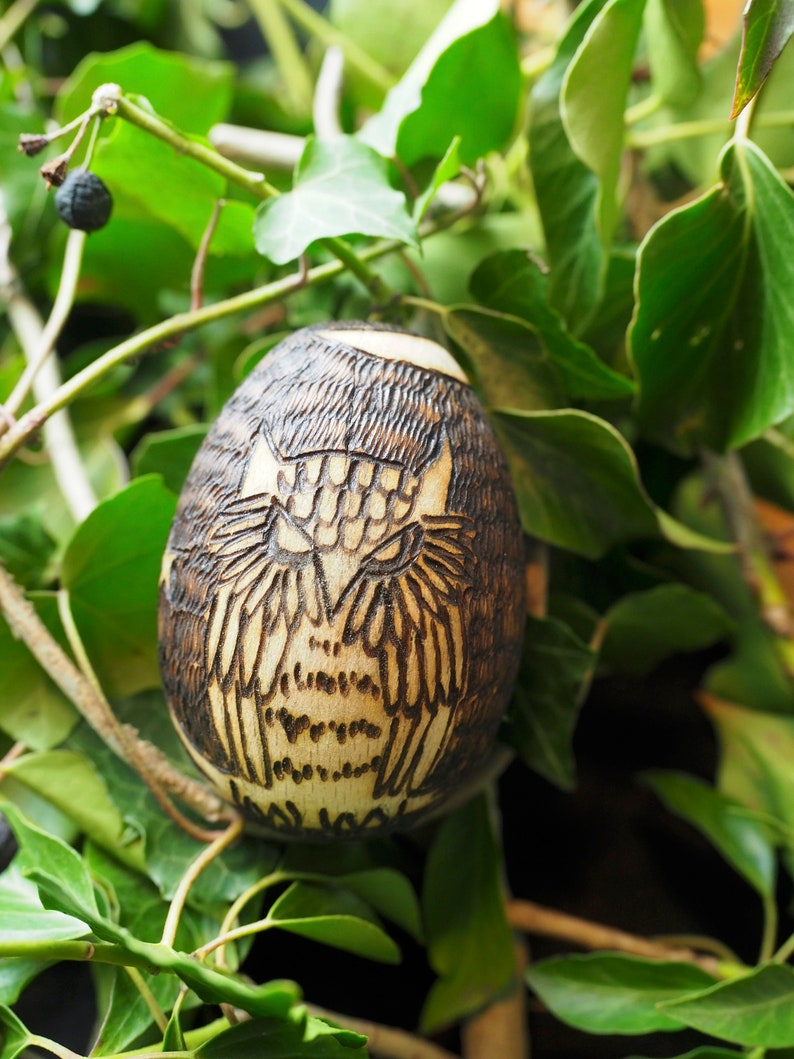 Wise Old Owl Wooden Egg Oestra Spring Equinox Pagan, Wicca, Witchcraft, Easter, Pyrography image 2