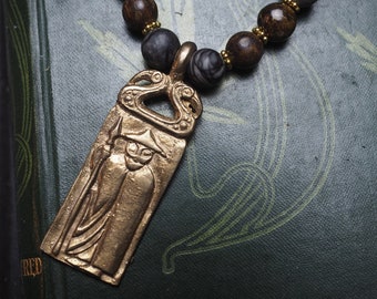 Odin Ritual Necklace - Artisan Bronze pendant, Bronzite, Agate & Jasper Up-cycled beads, Witchcraft, Pagan