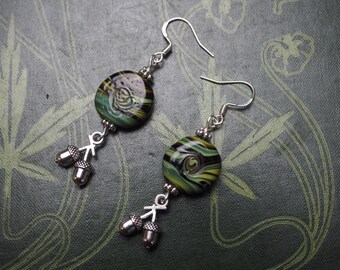 Acorn and Green Glass Earrings - Oak - Strength - Courage - Pagan, Witchcraft, Wicca, Ogham tree