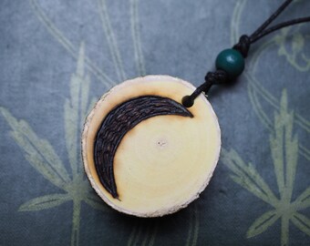 Rare Spindle Wood Crescent Moon Pendant  - Spinning Magic  - For Pagans, Witches, Wiccans, Ogham Tree, Forfedha