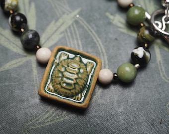 Green Sea Turtle Necklace with Vintage Beads - Pagan, Witchcraft, Sea Magic