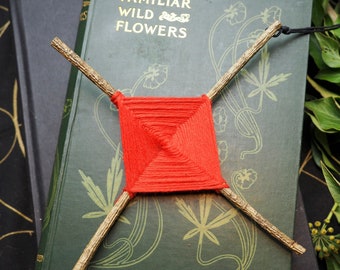 Rowan Wood & Red Yarn Cross Charm for Protection - English Folk Magic - Pagan, Wicca, WitchCraft, Magic