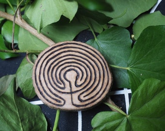 Rowan Wood Seven-Walled Labyrinth Amulet, Goddess, Transformation -  Wicca, Witchcraft, Pagan, pyrography