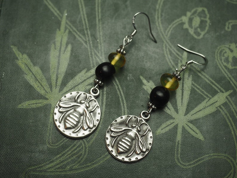 Baltic Amber and Jet Bee Earrings Melissa Honey Magic Pagan, Wicca, Witchcraft with sterling silver earwires image 3