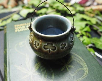Irish Shamrock Mini Cauldron  - Irish Porcelain - Pagan, Witchcraft, Magic, Upcycled, Ireland, offering bowl