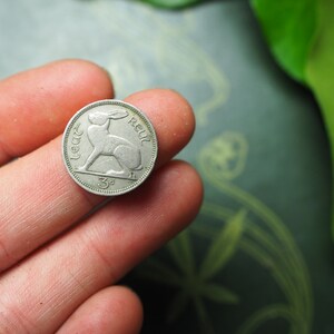 May include: A silver Irish coin with a hare or rabbit design and the text "3d" and "Eire" on it.