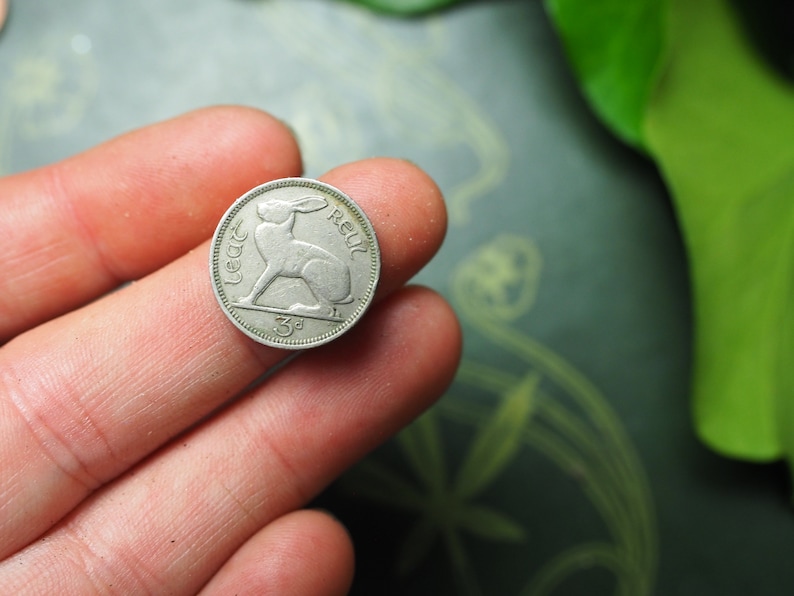 May include: A silver Irish coin with a hare or rabbit design and the text "3d" and "Eire" on it.