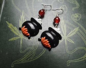 Witches Cauldron Earrings with Carnelian  - Samhain - Pagan, Wicca, Witchcraft, Charms, sterling silver