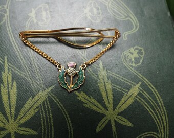 Vintage Enamelled Thistle Tie Clip - Scotland - Scottish - Pagan - Celtic - Folklore