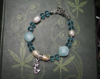 Mermaid and Pearl Charm Bracelet - Pagan, Witchcraft, Sea Magic, Upcycled beads