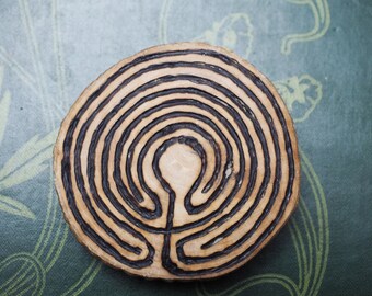 Rowan Wood Seven-Walled Labyrinth Amulet, Goddess, Transformation -  Wicca, Witchcraft, Pagan, pyrography
