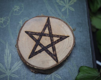 English Silver Birch Wood Pentagram Altar piece - Wicca, Witchcraft, Pagan, Pentacle, Pyrography