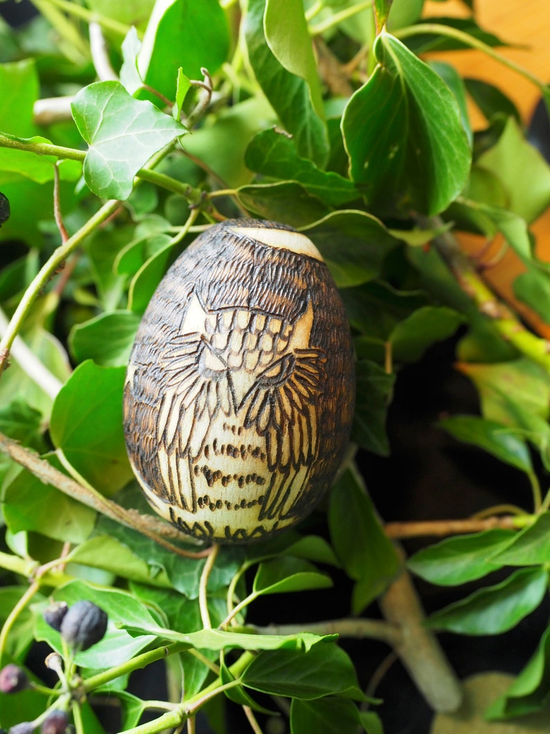 Wise Old Owl Wooden Egg Oestra Spring Equinox Pagan, Wicca, Witchcraft, Easter, Pyrography image 1