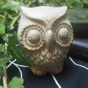 May include: A ceramic owl figurine featuring a speckled off-white glaze with brown accents highlighting the textured feather patterns, large circular eyes, and a pointed beak. The surface has a matte finish with visible clay detailing.