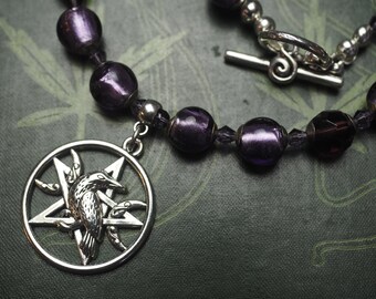 Raven Pentagram Witches Necklace with Vintage Glass beads  - The Morrigan - Pagan Witchcraft, Wicca