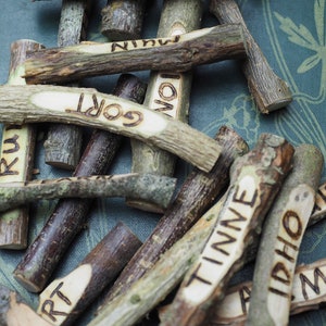 20 keltische Baum-Ogham-Stäbe mit alten irischen Ogham-Namen auf entsprechenden Hölzern - Pagan, Wicca, Druid, DruiDry, Witchcraft,