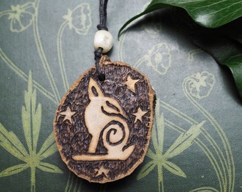 Star Gazing Hare Pendant - Hazel Wood, Wisdom, Goddess Transformation -  Wicca, Witchcraft, Pagan, pyrography