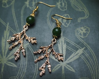 Cypress Earrings  - Gold tone & Jade - For the Underworld, Hades, Necromancy - Pagan, Wicca