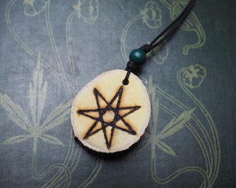 Rare Spindle Wood Fairy Star Pendant  - Spinning Magic  - For Pagans, Witches, Wiccans, Elven Star, Seven Pointed Star, Ogham Tree, Forfedha