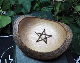 Reclaimed ASH Wood Pentagram Offering Bowl - Pagan, Witchcraft, Magic, Wood-turning