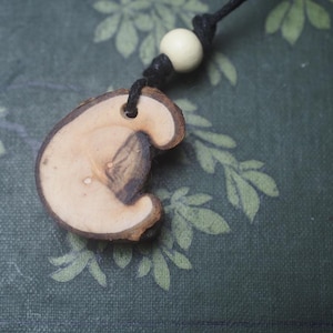 Puede incluir: Un colgante en forma de media luna hecho de una rodaja de madera natural con un borde de corteza marrón oscuro y un interior de color tostado claro con un patrón de vetas oscuras. El colgante cuelga de un cordón negro con una cuenta color crema.