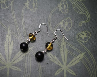 Baltic Amber & Jet Witches Earrings - Pagan, Wiccan, Pentacle, Lignite Jet, Sterling silver