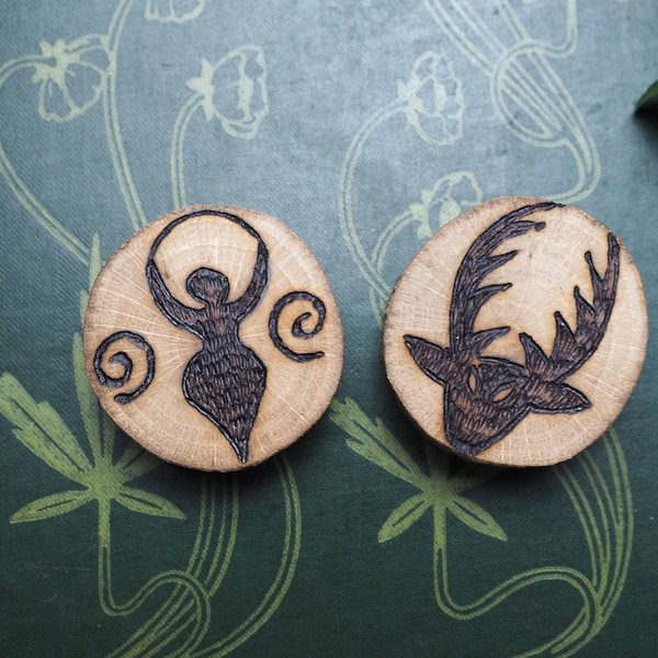 English Oak Wood Horned God and Moon Goddess Altar pieces or Amulets for a Wiccan or Pagan Altar