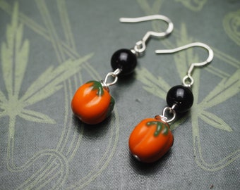 Pumpkin and Black Onyx Earrings - Sterling Silver hooks - Pagan, Wicca, Traditional Witchcraft, Lampworked glass