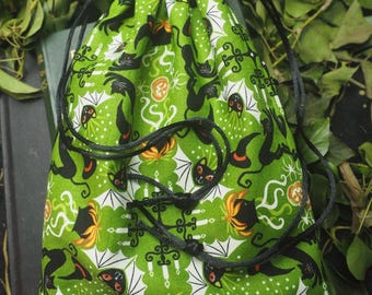 Cat, Bat & Cauldron Cotton Tarot or Oracle Bag For Halloween and Samhain