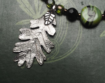 Oak Leaf, Antique French Jet & Vintage Glass Magical Necklace for Strength and Courage - Pagan, Wicca, Witchcraft