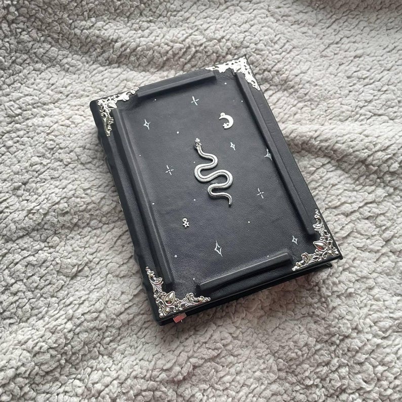 Silver Serpent Grimoire: Black Leather Snake Magic Book of Shadows afbeelding 1