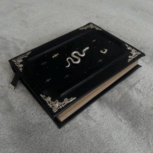 Op de afbeelding: Een zwart lederen gebonden dagboek met zilveren accenten en een slangendesign op de omslag.
