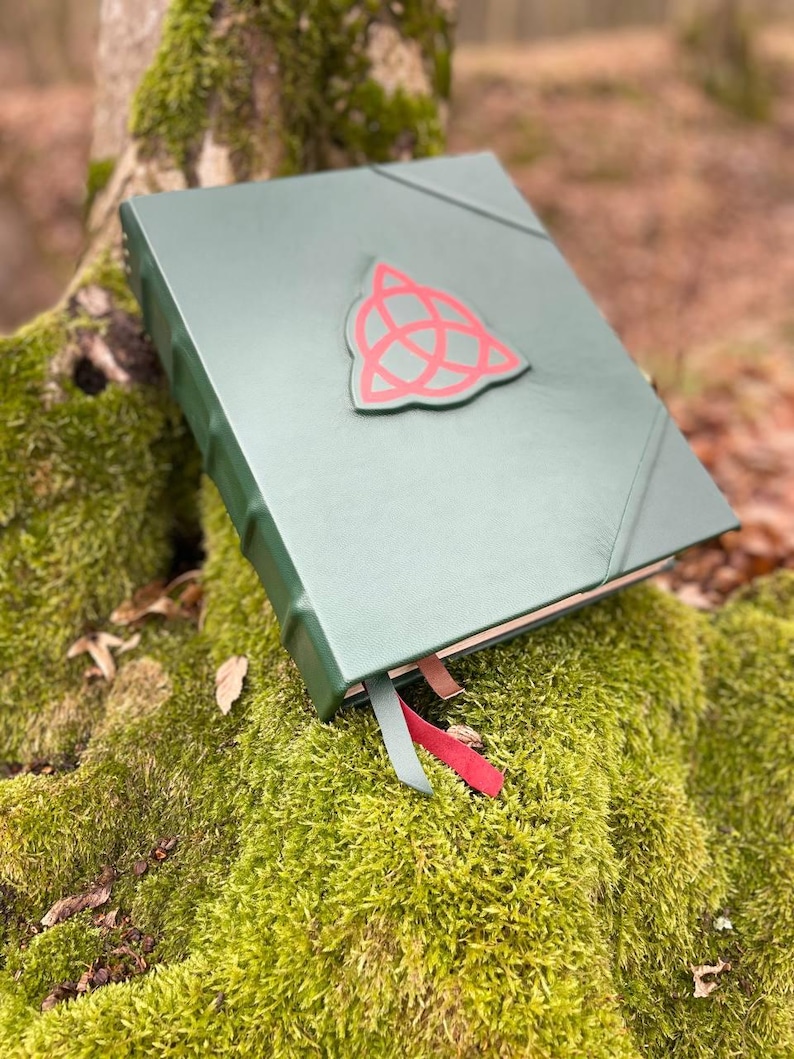 May include: A dark green leather-bound journal with a red triangular symbol on the front cover. The journal is closed and lying on a bed of green moss.